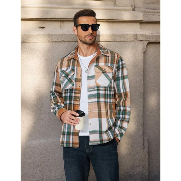 Coofandy Men Green Flannel Plaid Button Down Jacket Shirt with Pockets - Picture 4 of 5